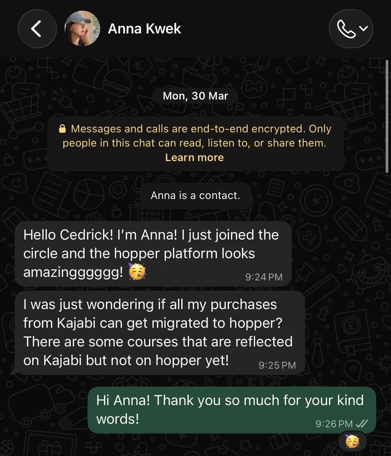 WhatsApp message from Anna Kwek excited about joining the Hopper platform