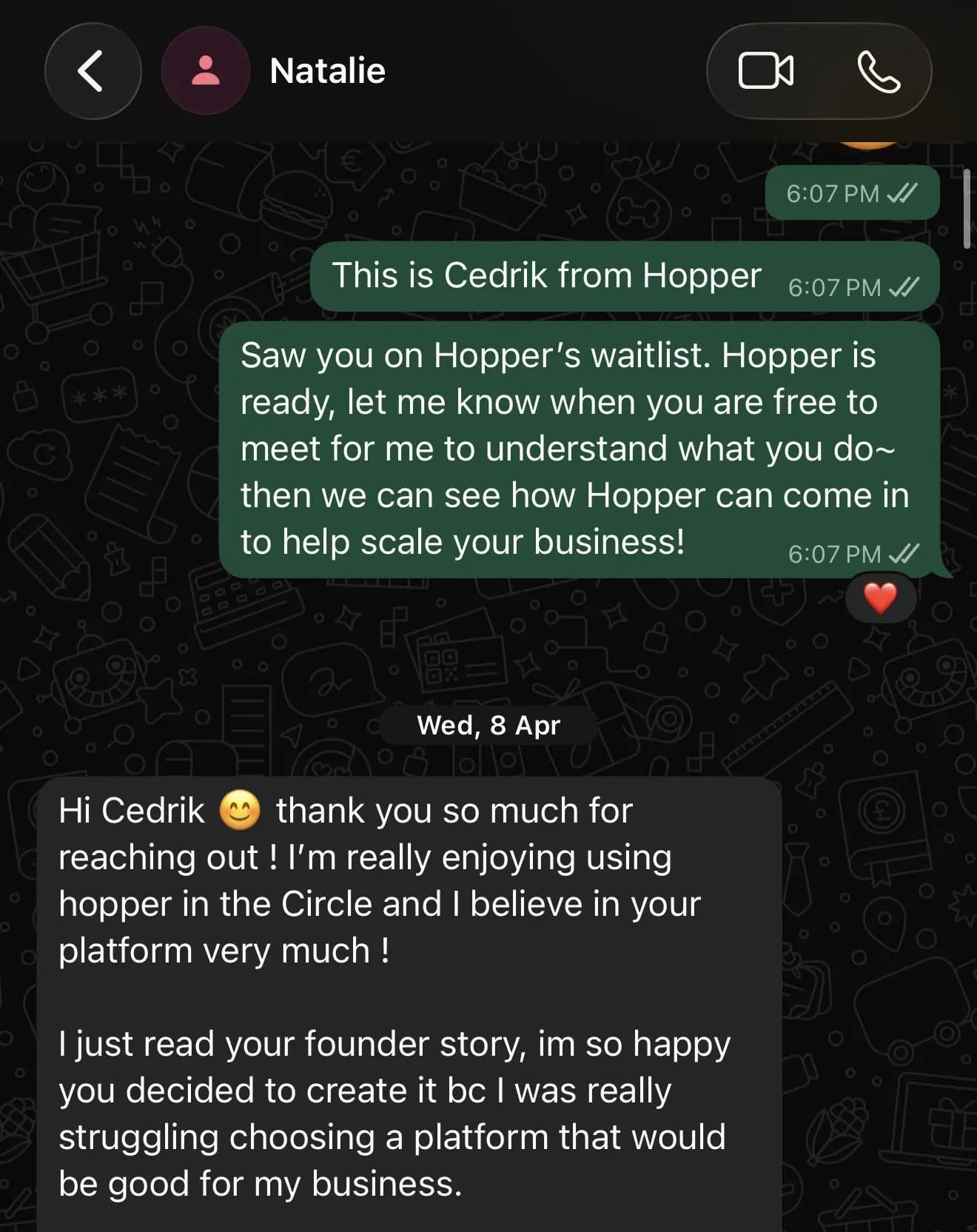 WhatsApp message from Natalie about her experience using Hopper